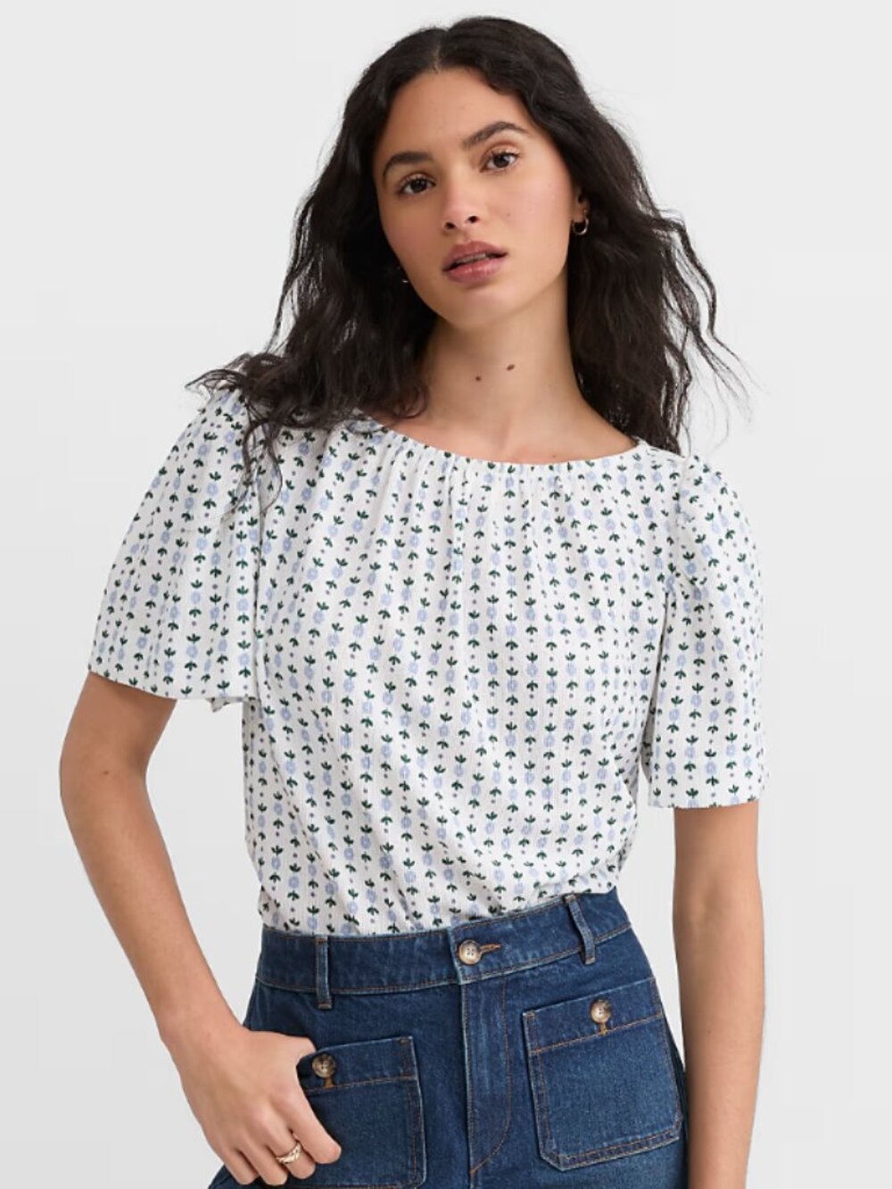 Loft Small Floral Flutter Sleeve Boatneck Top